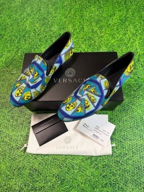 Versace Men's Blue Printed Silk Loafer Slipper Shoes Size 9 EU 42
